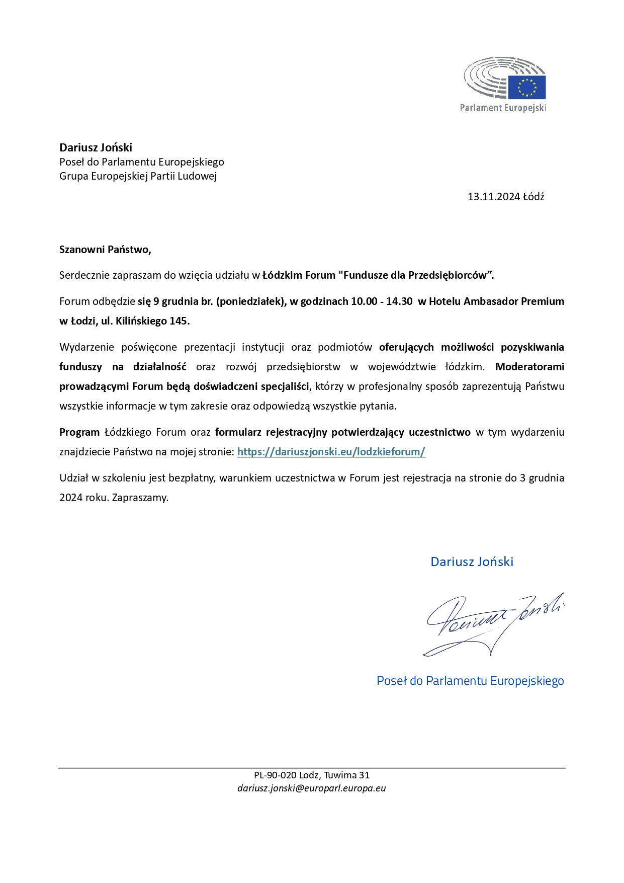 Zaproszenie na forum - poseł do PE Dariusz Joński_page-0001